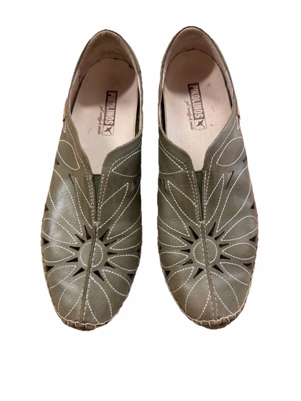 PIKOLINOS Women's Shoes Sz 8.5 Olive Green Floral Cutout Slip-Ons EU 39